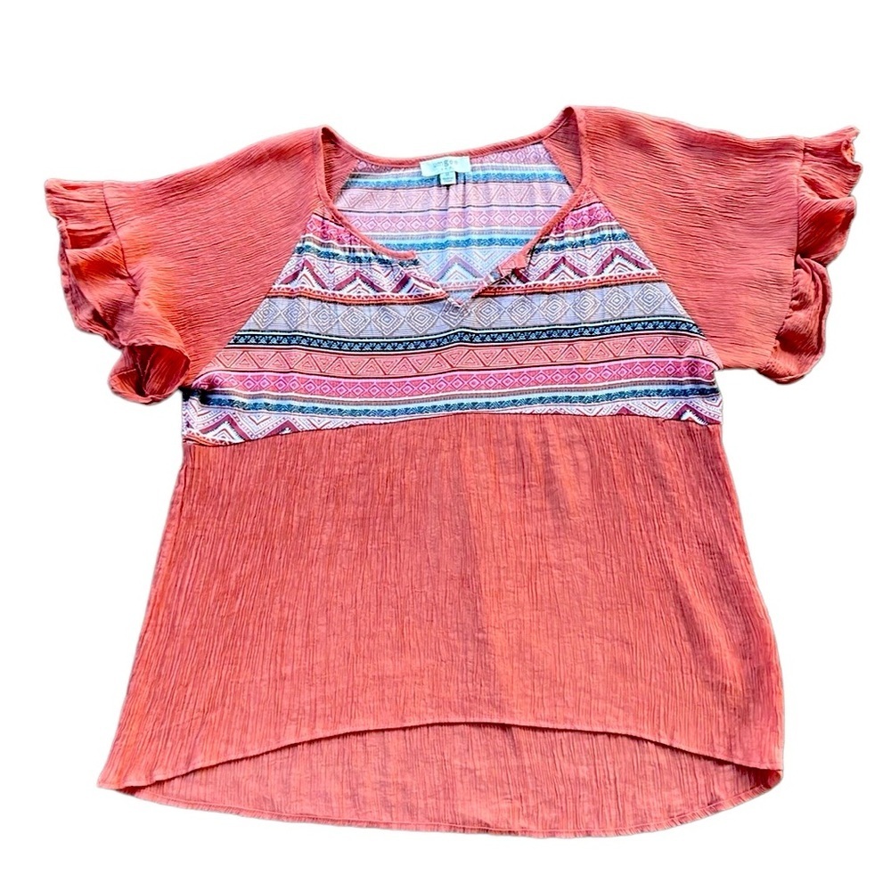 Umgee Coral Pink Short Sleeve Blouse with Patterned Yoke